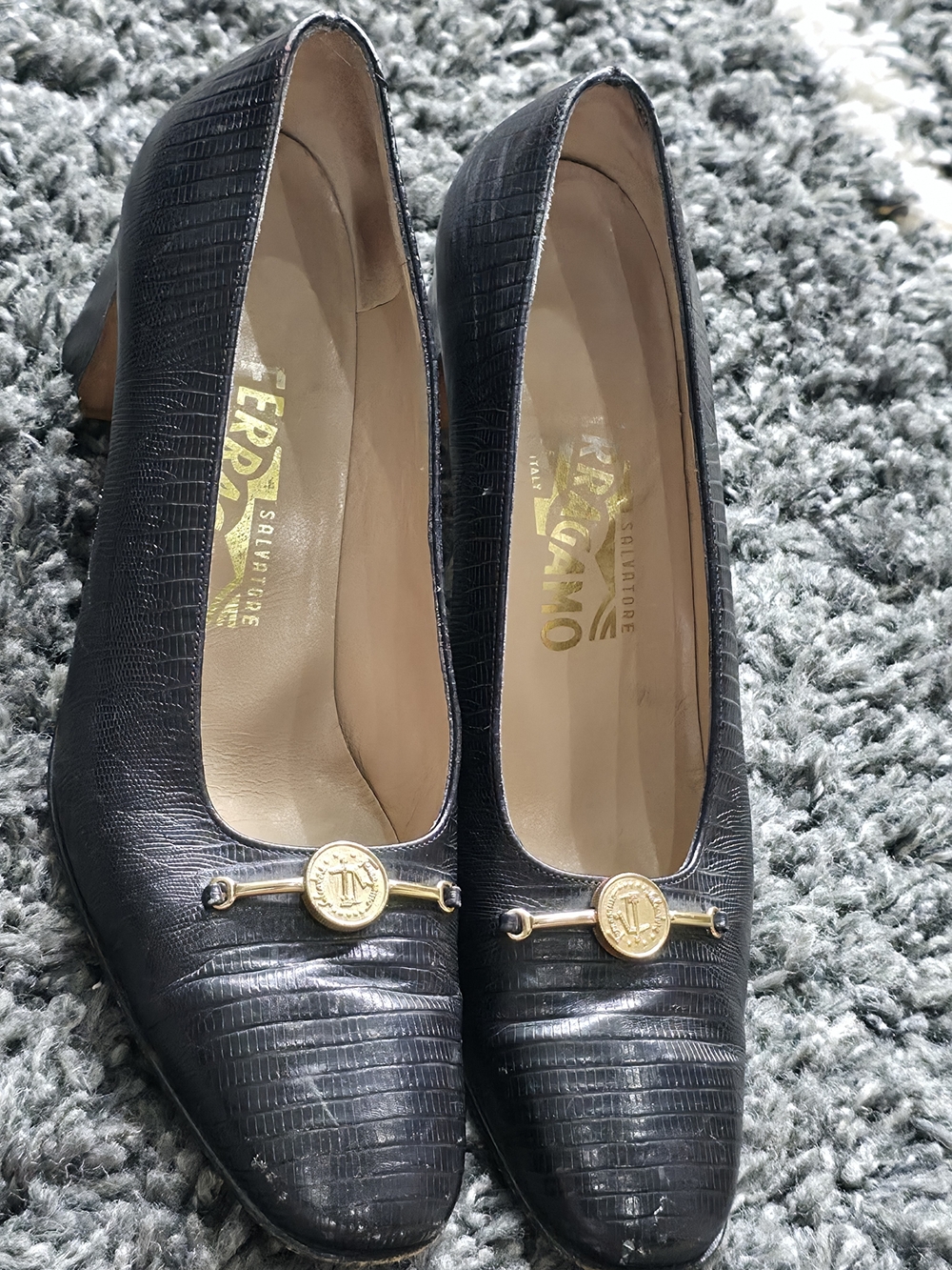 Salvatore Ferragamo Black Textured Leather Mid-Heel Pumps 6B